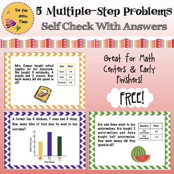 Preview of 5 Multiple-Step Problems with Answers- Multiplication, Addition, & Subtraction.