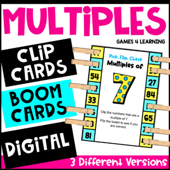 Preview of Multiples Activity - Clip Cards, Math Boom Cards, Easel - Multiples of 2-12