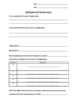 Preview of Multiples & Factors Quiz