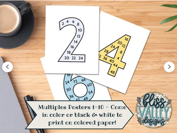 Preview of Multiples Posters Grey, Yellow, Blue or Black and White | Math | Numbers