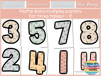 Preview of Multiples Posters and worksheets for Multiplication Facts 1 - 12 Boho Neutral