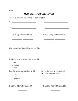 Multiples and Factors Test (Answer Key) by Save Survive and Serve