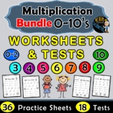 Multiplication 0-10's BUNDLE - 36 Differentiated Practice Worksheets & 18 Tests