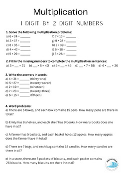 Preview of Multiplication 1 digit by 2 digit Worksheet