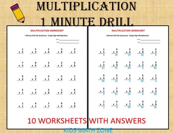 Preview of Multiplication 1 minute Drill/Test V (10 Math Worksheets with answers)