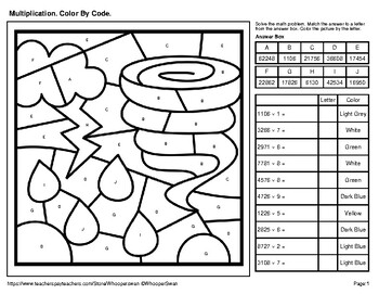 multiplication 4 digit by 1 digit color by code coloring pages