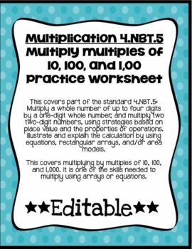 Preview of Multiplication 4.NBT.5 Multiply Multiples of 10, 100, & 1,000 Worksheet