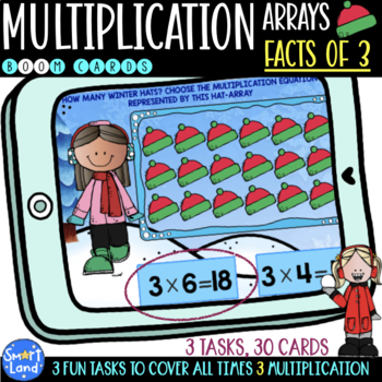 Preview of Multiplication Arrays Facts of 3 digital cards | Winter Hats