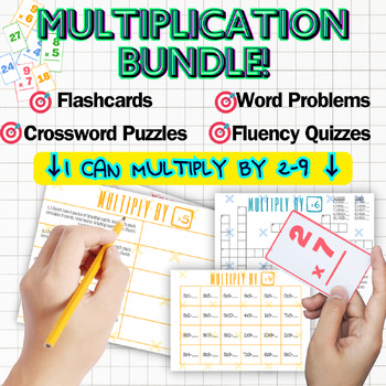 Preview of Multiplication BUNDLE x2-9 flashcards Crosswords Word Problems Fluency May June