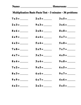 Multiplication Basic Facts Test by Kandiko's Korner | TpT