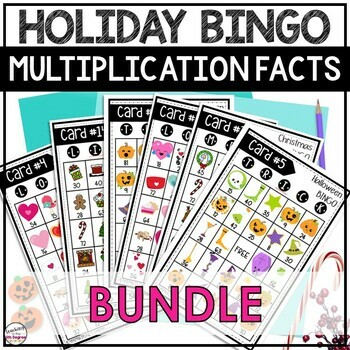 Preview of Multiplication Bingo BUNDLE for Halloween Christmas and Valentine's Day