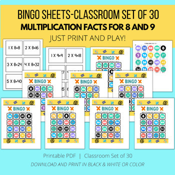 Multiplication Bingo Game for facts 8 and 9, Math Fluency Games, Math Facts