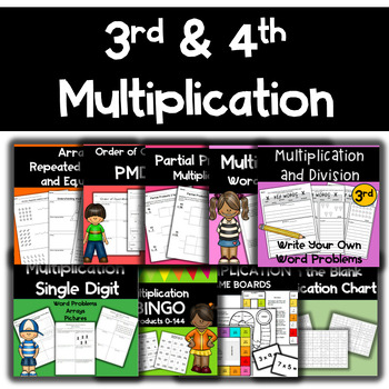 Preview of 3rd and 4th Multiplication BUNDLE w/ Facts, Multidigits, Arrays, Word Problems