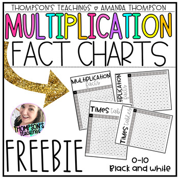 Preview of Multiplication Charts Black and White 0-10 facts FREEBIE