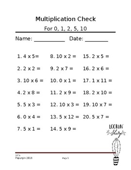 Preview of Multiplication Check for 0, 1, 2, 5, 10