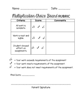 Preview of Multiplication Choice Board Rubric