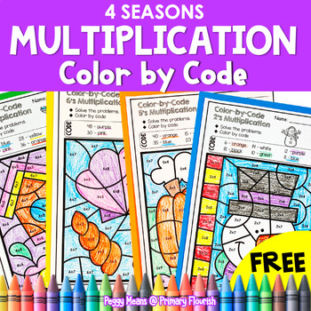 Preview of Multiplication Color by Code - Worksheets 2’s - 9's - Four Seasons FREEBIE