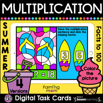 Preview of Multiplication Color by Number Summer Math Boom Cards