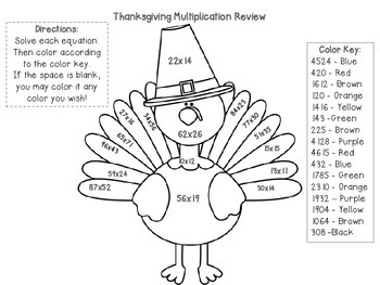Preview of Multiplication Color by Number (Thanksgiving theme)