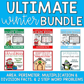Preview of Multiplication, Division, Area, Perimeter, Word Problems WINTER BUNDLE
