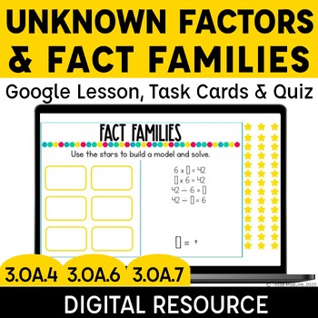 Preview of Multiplication & Division Fact Families Digital Lesson Task Cards Quiz 3.OA.4