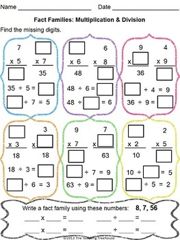 multiplication division fact families worksheet by the teaching