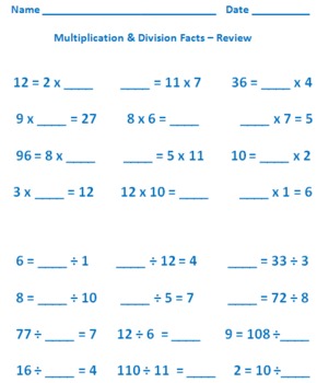 Preview of Multiplication & Division Facts 0-12