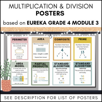 Preview of Multiplication & Division Vocab Posters- BOHO -based on Eureka Grade 4 Module 3