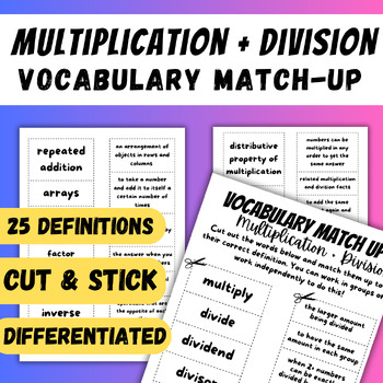 Preview of Multiplication + Division Vocabulary Sorting + Matching Cut and Stick Activity