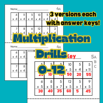 Preview of Multiplication Drills 0-12 - 3 Versions Each - Half Sheets