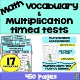 Multiplication Timed Tests by Factor and Math Vocabulary Bundle