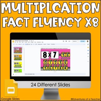 Preview of Multiplication Fact Fluency x8 | Missing Factor| School Theme | Google Slides