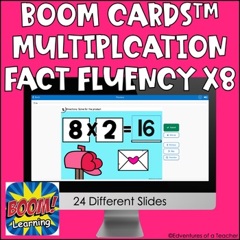 Preview of Multiplication Fact Fluency x8 | Missing Factor| Valentine's Day | Boom Cards