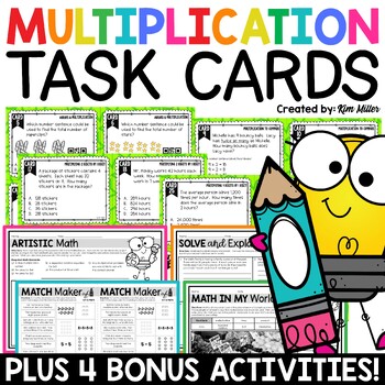 Preview of Multi Digit Multiplication Word Problems Task Cards Worksheets Math Story