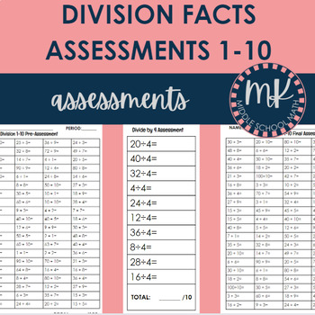 Preview of Division Facts Assessments 1-10 (Answer Keys INCLUDED)