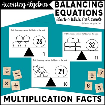 Preview of Multiplication Facts Balancing Equations - Missing Factor Task Cards