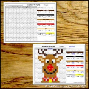 Multiplication Facts Mystery Picture Riddle Rudolph Math Activity