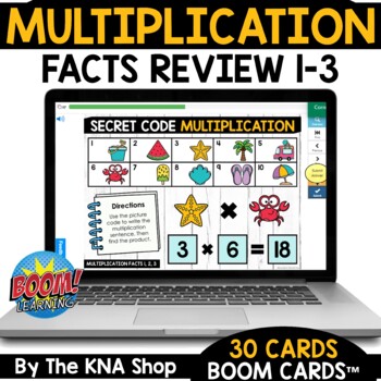 Preview of Multiplication Facts Review 1 to 3 Boom Cards Summer Secret Code