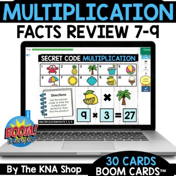 Preview of Multiplication Facts Review 7 to 9 Boom Cards Summer Secret Code