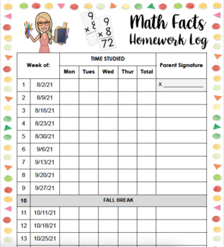 Preview of Multiplication Facts Weekly Homework Log