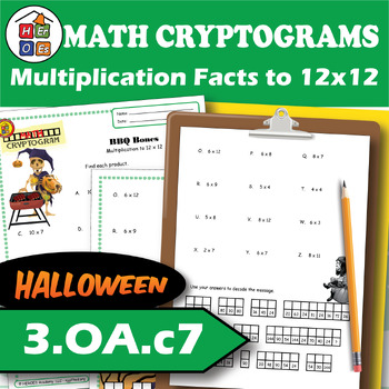 Preview of Multiplication Facts to 12 x 12 | Halloween | Cryptogram Puzzle | 3rd Grade Math