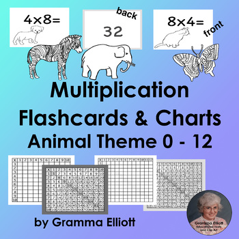 Preview of Multiplication Flash Cards  0X to 12X and Charts Animal Theme