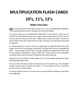Preview of Multiplication Flashcards (Free) Easy to Make (10's - 12's)