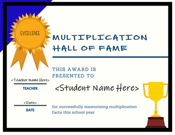 Preview of Multiplication Hall of Fame Certificate (EDITABLE) -- THIRD GRADE