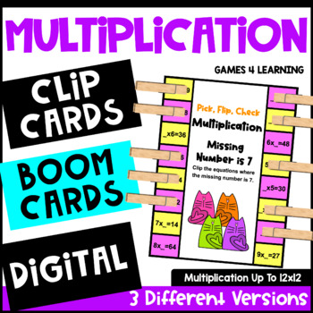 Preview of Multiplication Fact Fluency Practice: Math Boom Cards, Clip Cards, Easel Digital