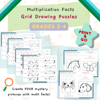 Preview of Multiplication Math Facts - Grid Drawing - Math Puzzles - No Prep! - Animals