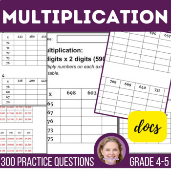 Preview of Multiplication Math Worksheets 3 Digits x 2 Digits Numbers 250-800 Grade 4 and 5