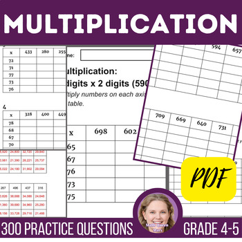 Preview of Multiplication Math Worksheets with 3 Digits x 2 Digits includes Numbers 250-800