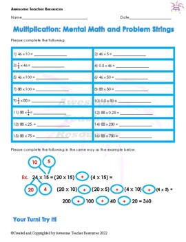 Preview of Multiplication: Mental Math and Problem Strings Worksheet #1