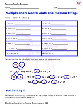 Preview of Multiplication: Mental Math and Problem Strings Worksheet